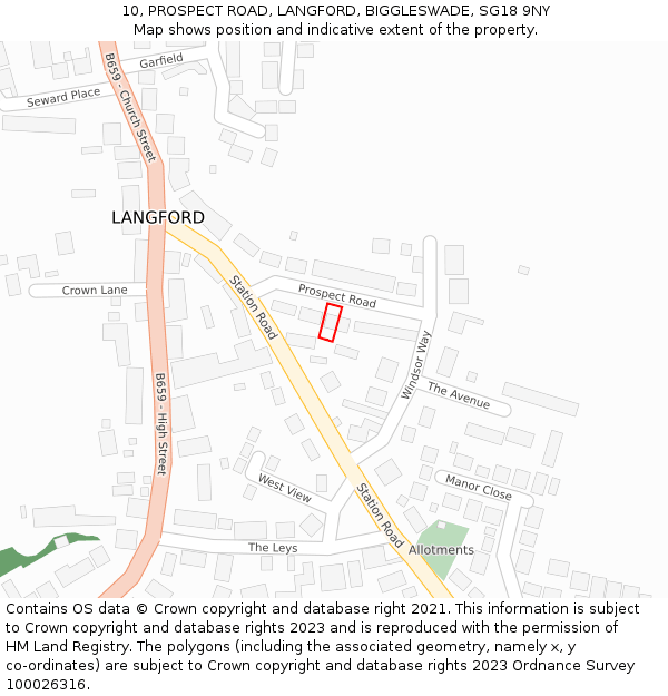 10, PROSPECT ROAD, LANGFORD, BIGGLESWADE, SG18 9NY: Location map and indicative extent of plot