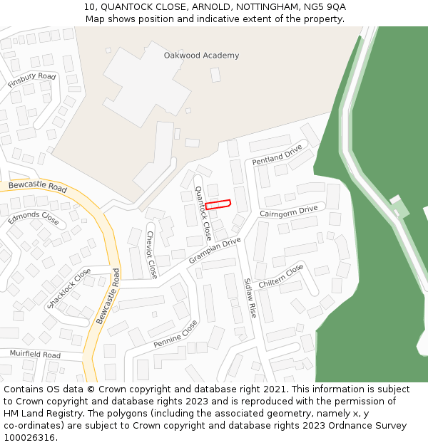 10, QUANTOCK CLOSE, ARNOLD, NOTTINGHAM, NG5 9QA: Location map and indicative extent of plot