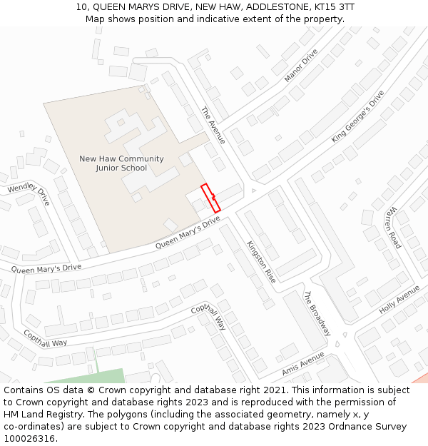 10, QUEEN MARYS DRIVE, NEW HAW, ADDLESTONE, KT15 3TT: Location map and indicative extent of plot