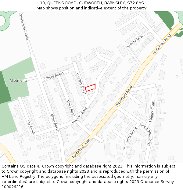 10, QUEENS ROAD, CUDWORTH, BARNSLEY, S72 8AS: Location map and indicative extent of plot
