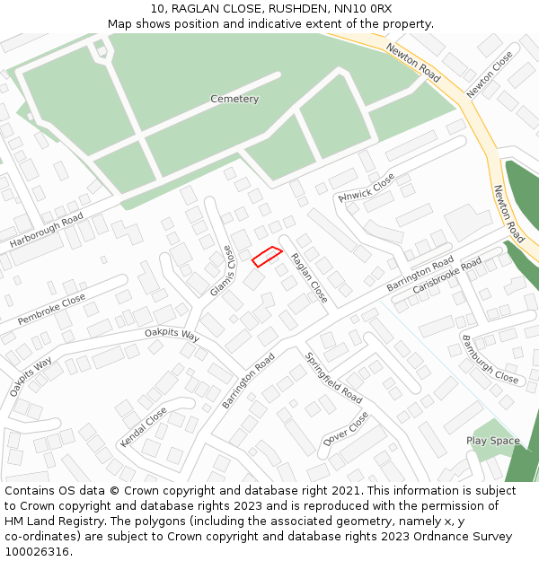 10, RAGLAN CLOSE, RUSHDEN, NN10 0RX: Location map and indicative extent of plot