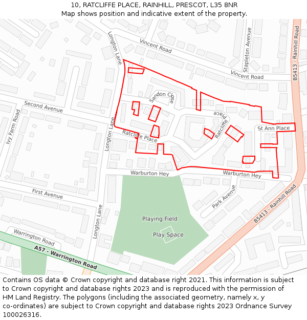 10, RATCLIFFE PLACE, RAINHILL, PRESCOT, L35 8NR: Location map and indicative extent of plot