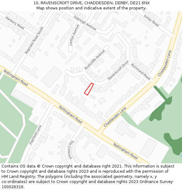 10, RAVENSCROFT DRIVE, CHADDESDEN, DERBY, DE21 6NX: Location map and indicative extent of plot