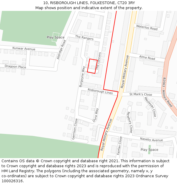 10, RISBOROUGH LINES, FOLKESTONE, CT20 3RY: Location map and indicative extent of plot