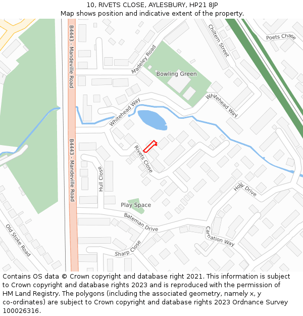 10, RIVETS CLOSE, AYLESBURY, HP21 8JP: Location map and indicative extent of plot