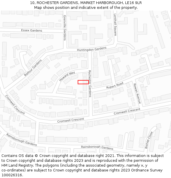 10, ROCHESTER GARDENS, MARKET HARBOROUGH, LE16 9LR: Location map and indicative extent of plot