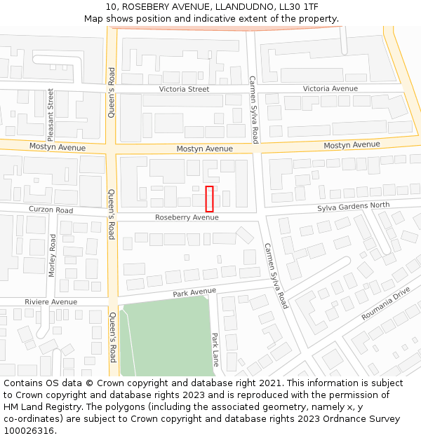 10, ROSEBERY AVENUE, LLANDUDNO, LL30 1TF: Location map and indicative extent of plot