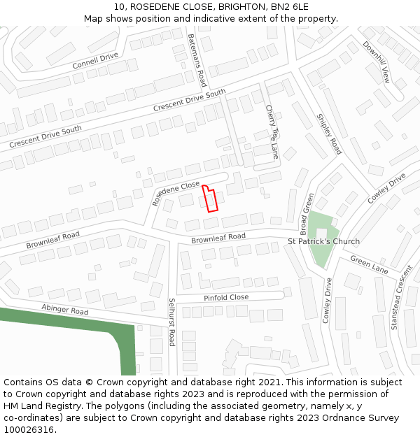 10, ROSEDENE CLOSE, BRIGHTON, BN2 6LE: Location map and indicative extent of plot