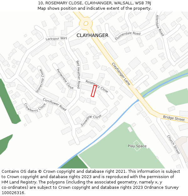 10, ROSEMARY CLOSE, CLAYHANGER, WALSALL, WS8 7RJ: Location map and indicative extent of plot