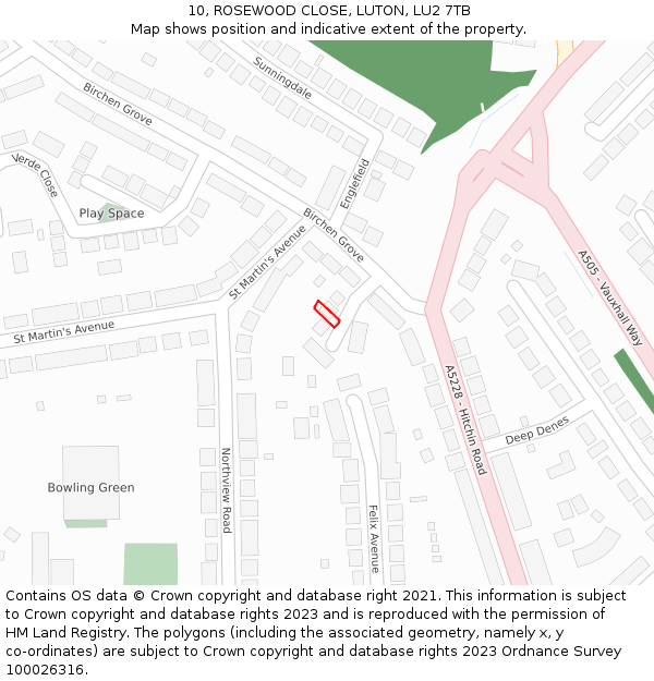 10, ROSEWOOD CLOSE, LUTON, LU2 7TB: Location map and indicative extent of plot