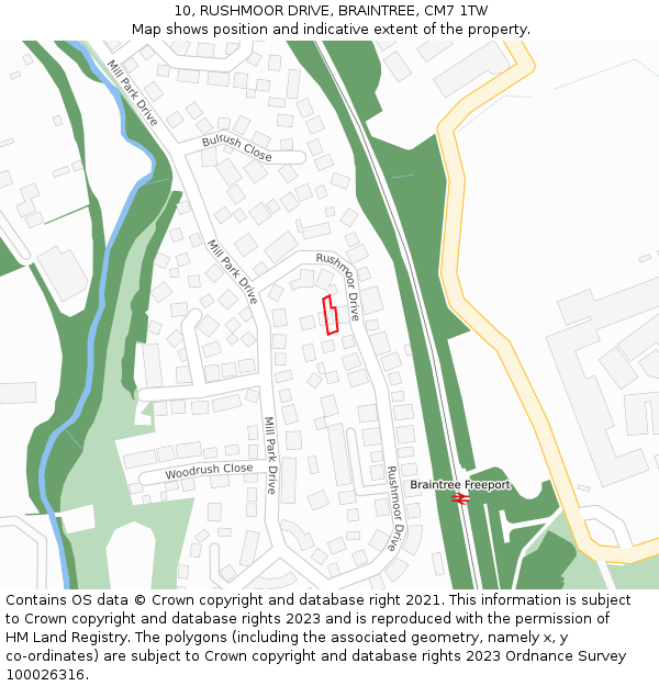 10, RUSHMOOR DRIVE, BRAINTREE, CM7 1TW: Location map and indicative extent of plot
