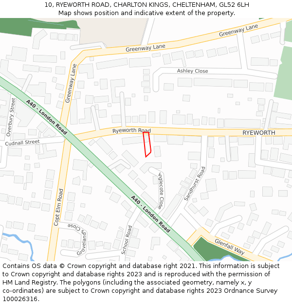 10, RYEWORTH ROAD, CHARLTON KINGS, CHELTENHAM, GL52 6LH: Location map and indicative extent of plot