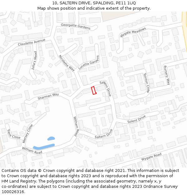 10, SALTERN DRIVE, SPALDING, PE11 1UQ: Location map and indicative extent of plot