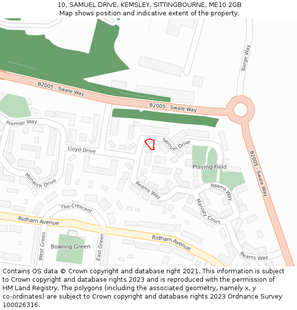10, SAMUEL DRIVE, KEMSLEY, SITTINGBOURNE, ME10 2GB: Location map and indicative extent of plot