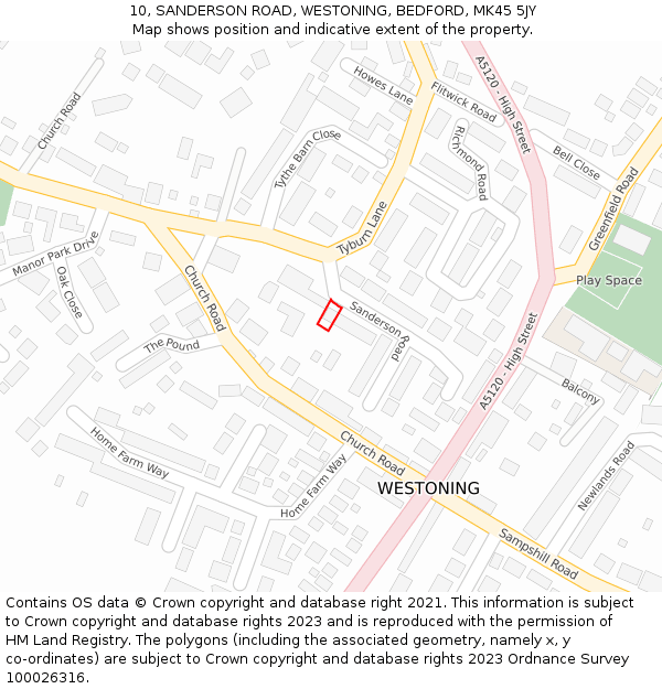 10, SANDERSON ROAD, WESTONING, BEDFORD, MK45 5JY: Location map and indicative extent of plot