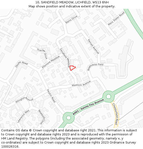 10, SANDFIELD MEADOW, LICHFIELD, WS13 6NH: Location map and indicative extent of plot