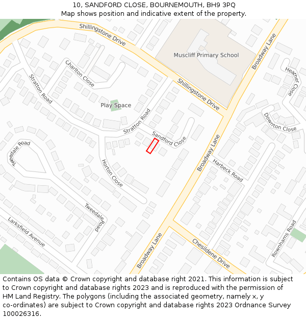 10, SANDFORD CLOSE, BOURNEMOUTH, BH9 3PQ: Location map and indicative extent of plot