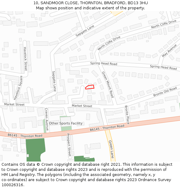 10, SANDMOOR CLOSE, THORNTON, BRADFORD, BD13 3HU: Location map and indicative extent of plot