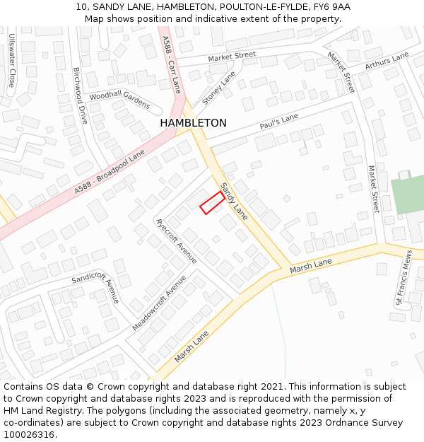 10, SANDY LANE, HAMBLETON, POULTON-LE-FYLDE, FY6 9AA: Location map and indicative extent of plot