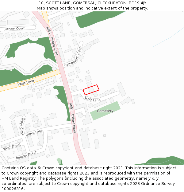 10, SCOTT LANE, GOMERSAL, CLECKHEATON, BD19 4JY: Location map and indicative extent of plot