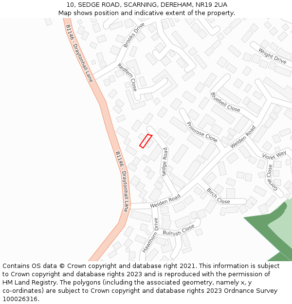10, SEDGE ROAD, SCARNING, DEREHAM, NR19 2UA: Location map and indicative extent of plot