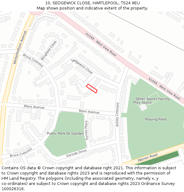 10, SEDGEWICK CLOSE, HARTLEPOOL, TS24 9EU: Location map and indicative extent of plot