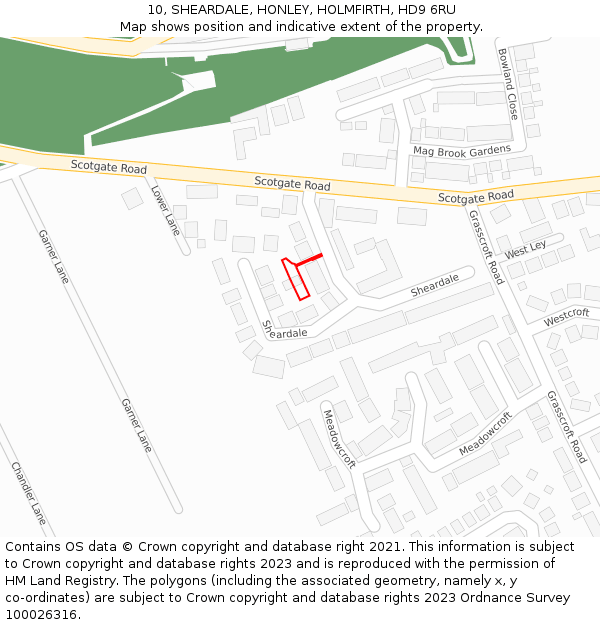 10, SHEARDALE, HONLEY, HOLMFIRTH, HD9 6RU: Location map and indicative extent of plot
