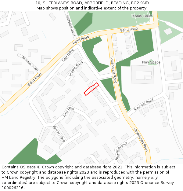 10, SHEERLANDS ROAD, ARBORFIELD, READING, RG2 9ND: Location map and indicative extent of plot