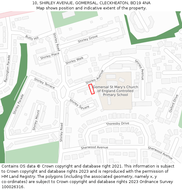10, SHIRLEY AVENUE, GOMERSAL, CLECKHEATON, BD19 4NA: Location map and indicative extent of plot