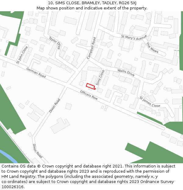 10, SIMS CLOSE, BRAMLEY, TADLEY, RG26 5XJ: Location map and indicative extent of plot