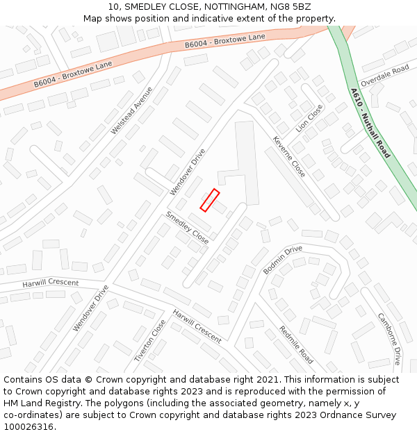 10, SMEDLEY CLOSE, NOTTINGHAM, NG8 5BZ: Location map and indicative extent of plot