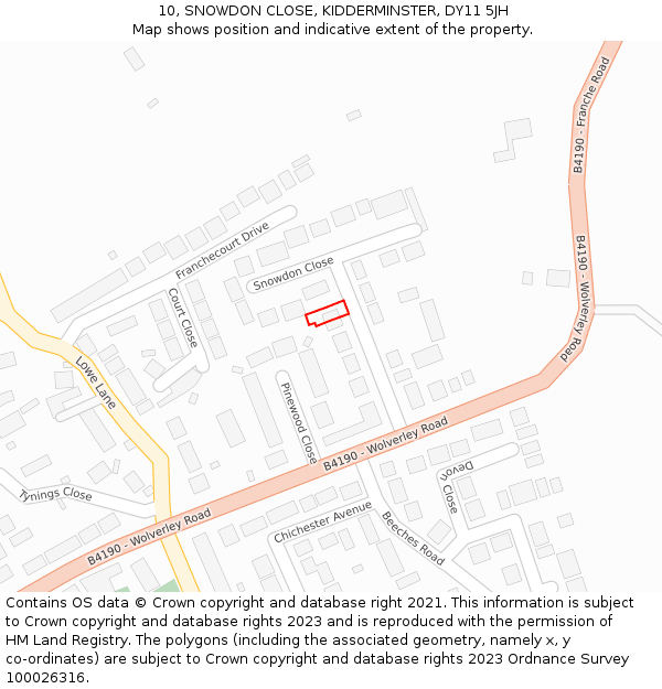 10, SNOWDON CLOSE, KIDDERMINSTER, DY11 5JH: Location map and indicative extent of plot