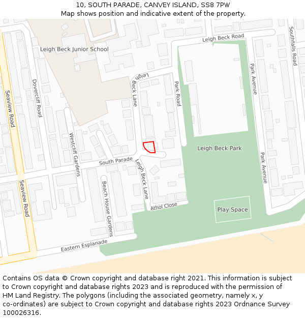10, SOUTH PARADE, CANVEY ISLAND, SS8 7PW: Location map and indicative extent of plot
