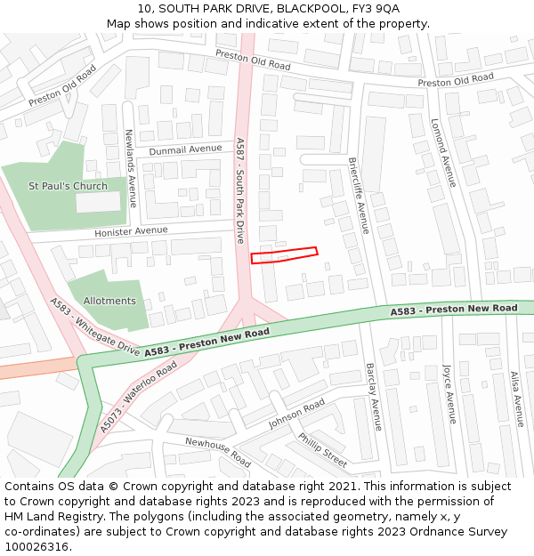 10, SOUTH PARK DRIVE, BLACKPOOL, FY3 9QA: Location map and indicative extent of plot