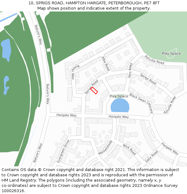 10, SPRIGS ROAD, HAMPTON HARGATE, PETERBOROUGH, PE7 8FT: Location map and indicative extent of plot