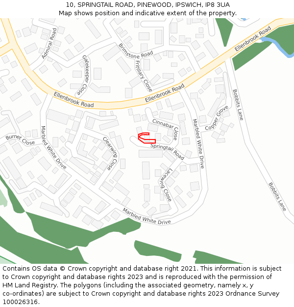 10, SPRINGTAIL ROAD, PINEWOOD, IPSWICH, IP8 3UA: Location map and indicative extent of plot
