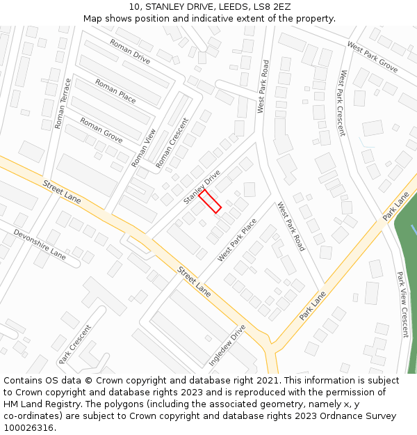 10, STANLEY DRIVE, LEEDS, LS8 2EZ: Location map and indicative extent of plot