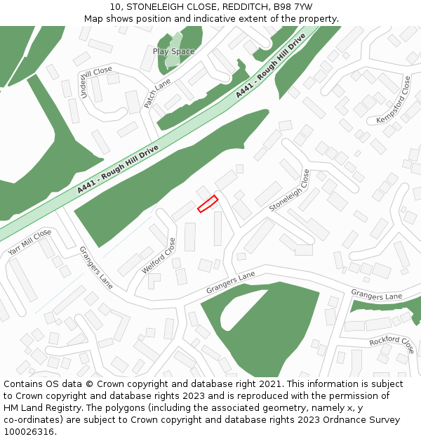 10, STONELEIGH CLOSE, REDDITCH, B98 7YW: Location map and indicative extent of plot