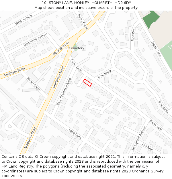 10, STONY LANE, HONLEY, HOLMFIRTH, HD9 6DY: Location map and indicative extent of plot