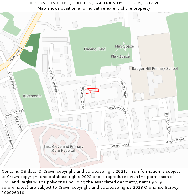10, STRATTON CLOSE, BROTTON, SALTBURN-BY-THE-SEA, TS12 2BF: Location map and indicative extent of plot