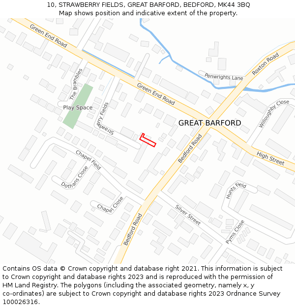 10, STRAWBERRY FIELDS, GREAT BARFORD, BEDFORD, MK44 3BQ: Location map and indicative extent of plot
