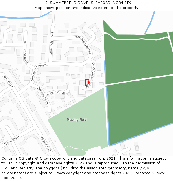 10, SUMMERFIELD DRIVE, SLEAFORD, NG34 8TX: Location map and indicative extent of plot
