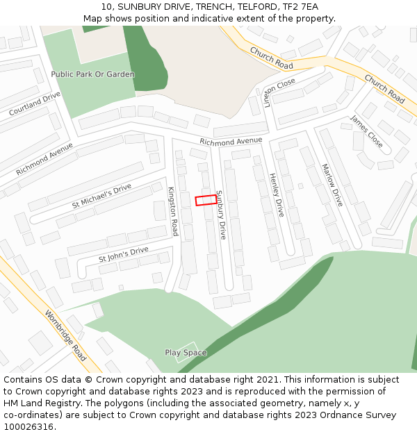 10, SUNBURY DRIVE, TRENCH, TELFORD, TF2 7EA: Location map and indicative extent of plot