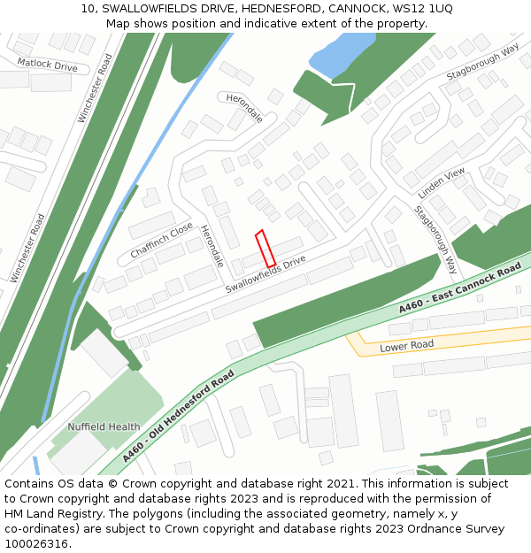 10, SWALLOWFIELDS DRIVE, HEDNESFORD, CANNOCK, WS12 1UQ: Location map and indicative extent of plot
