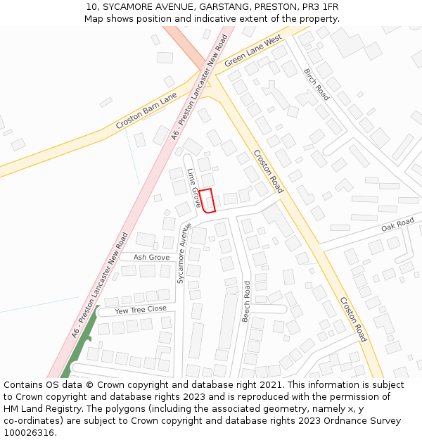 10, SYCAMORE AVENUE, GARSTANG, PRESTON, PR3 1FR: Location map and indicative extent of plot
