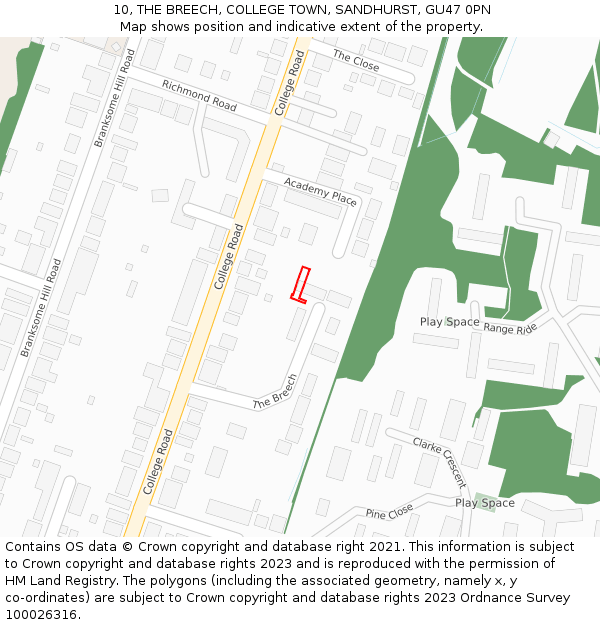 10, THE BREECH, COLLEGE TOWN, SANDHURST, GU47 0PN: Location map and indicative extent of plot