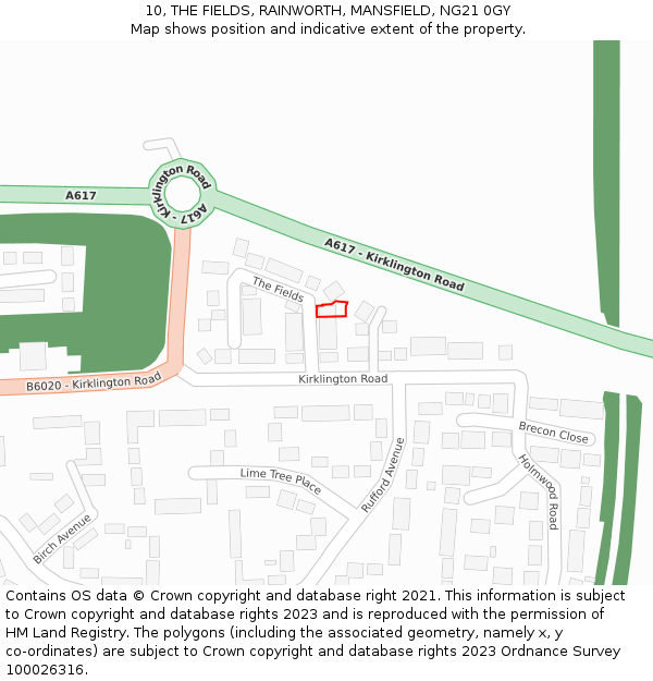 10, THE FIELDS, RAINWORTH, MANSFIELD, NG21 0GY: Location map and indicative extent of plot