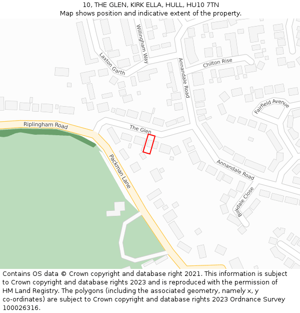 10, THE GLEN, KIRK ELLA, HULL, HU10 7TN: Location map and indicative extent of plot