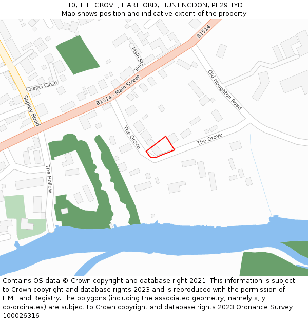 10, THE GROVE, HARTFORD, HUNTINGDON, PE29 1YD: Location map and indicative extent of plot