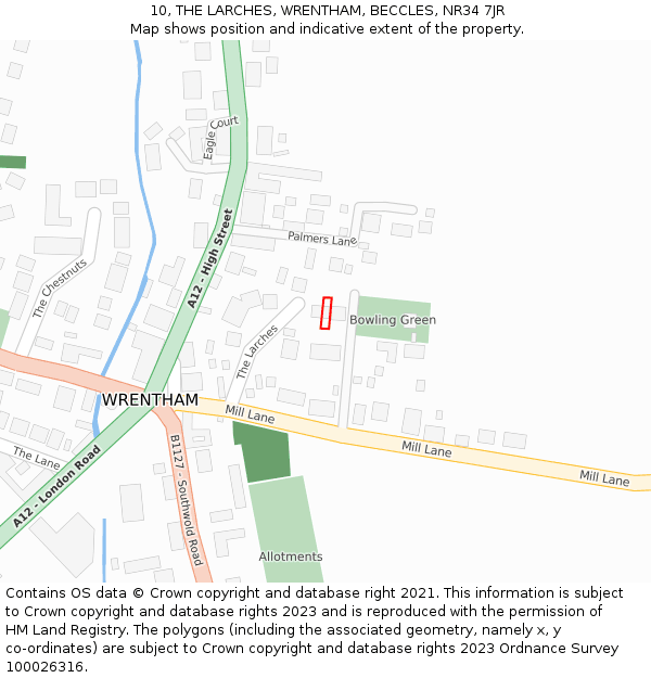 10, THE LARCHES, WRENTHAM, BECCLES, NR34 7JR: Location map and indicative extent of plot